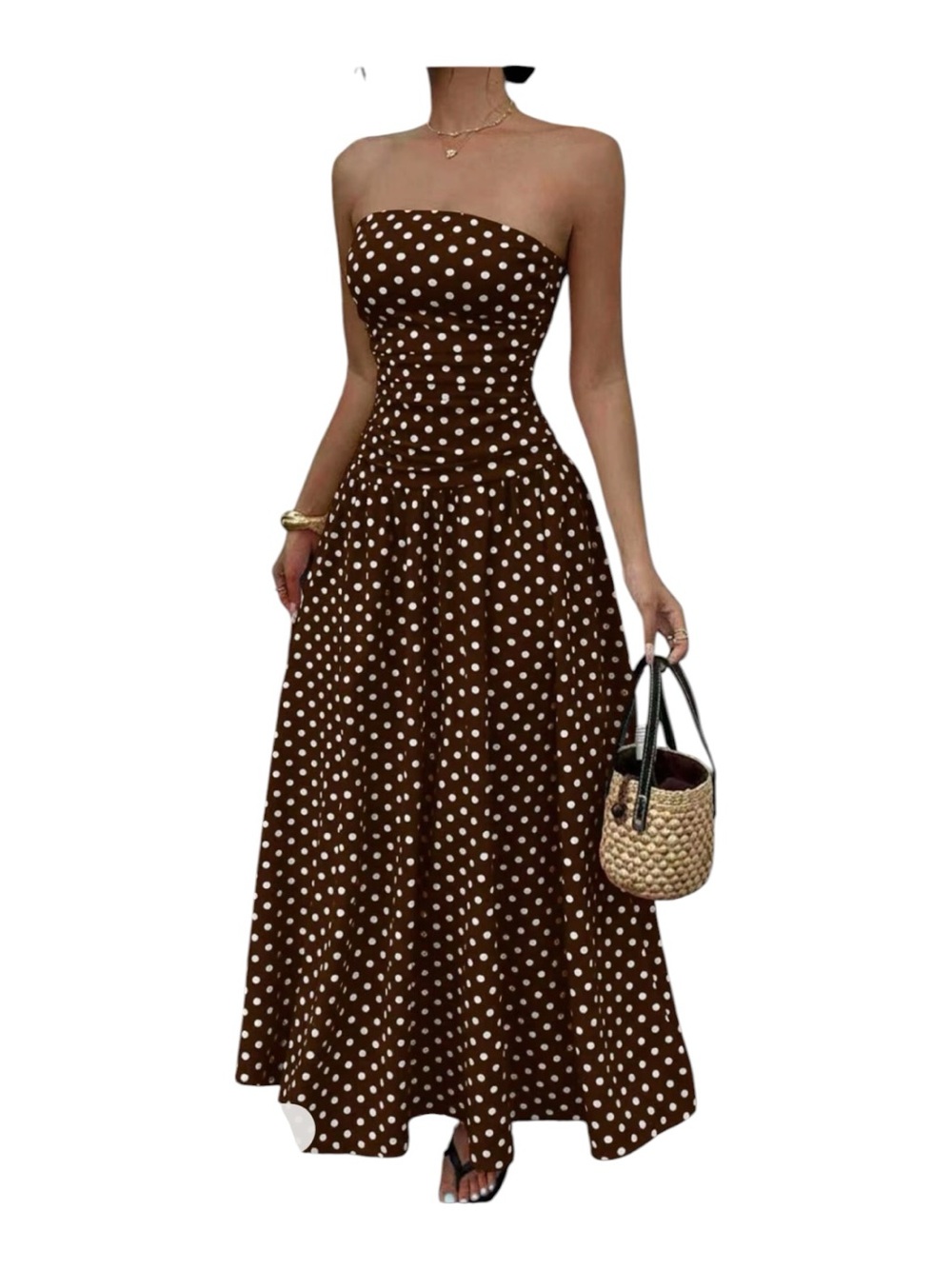 Strapless Brown Polka Dot Maxi Dress